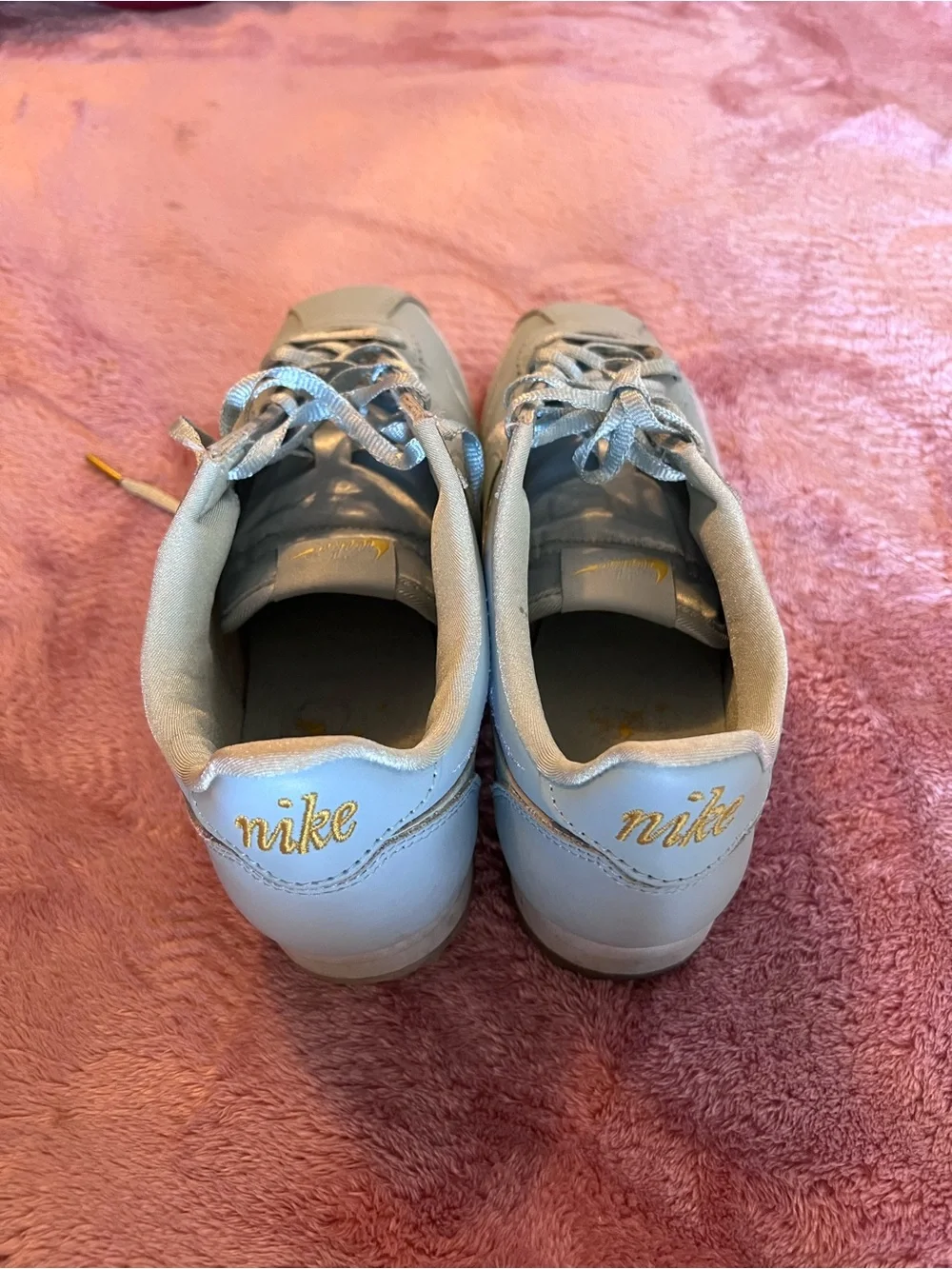 Nike Light Blue Cortez Sneakers with Pink Feather Stitching
